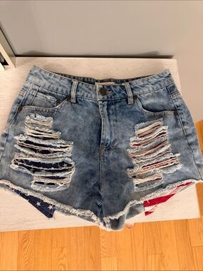 Distressed High-Rise Denim Shorts with Flag Inset - Blue